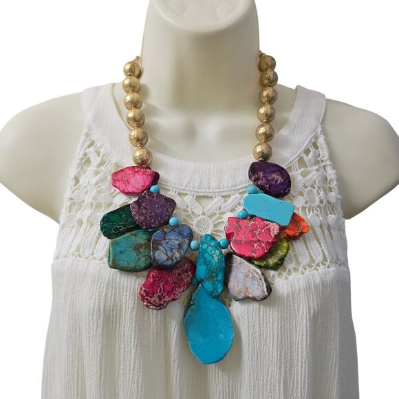 Chico’s Chunky Multicolor Stone Beaded Statement Bib Necklace Gold Tone - Picture 1 of 11